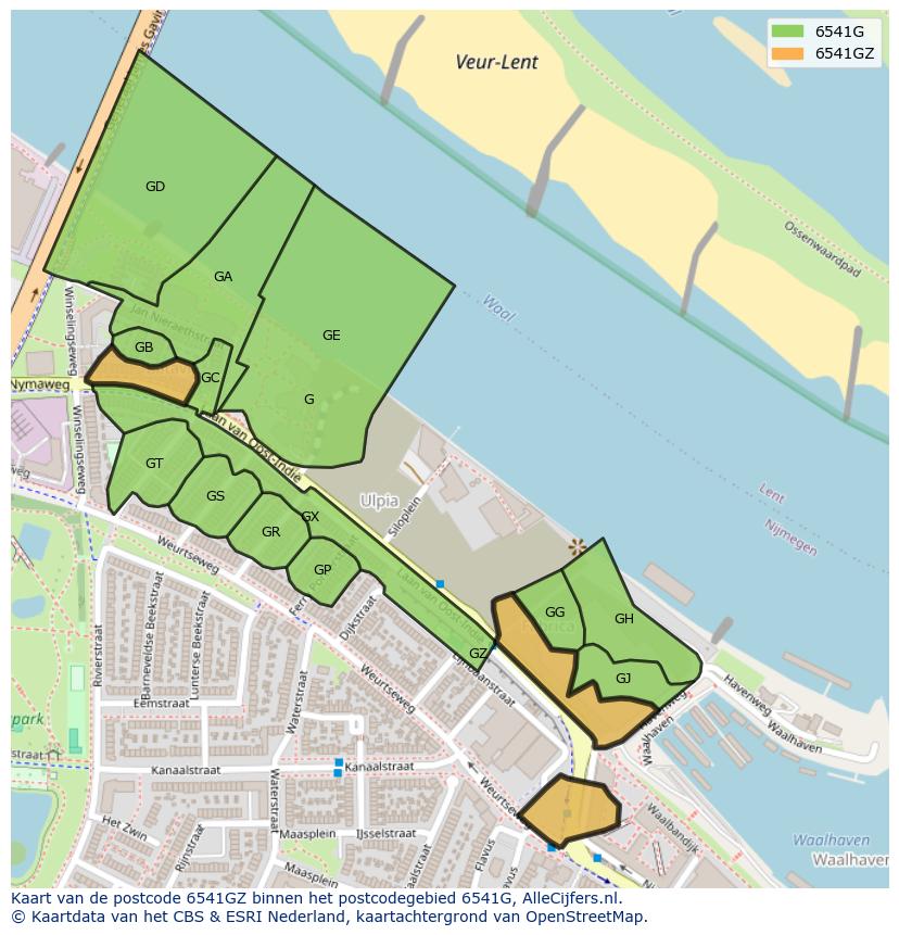 Afbeelding van het postcodegebied 6541 GZ op de kaart.