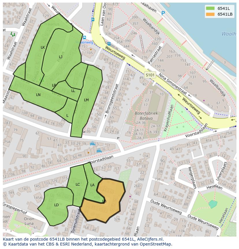 Afbeelding van het postcodegebied 6541 LB op de kaart.