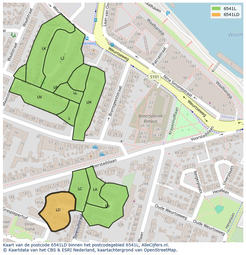 Afbeelding van het postcodegebied 6541 LD op de kaart.