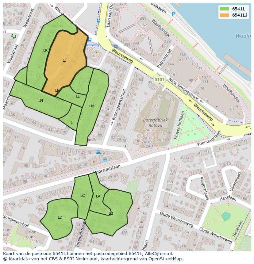 Afbeelding van het postcodegebied 6541 LJ op de kaart.