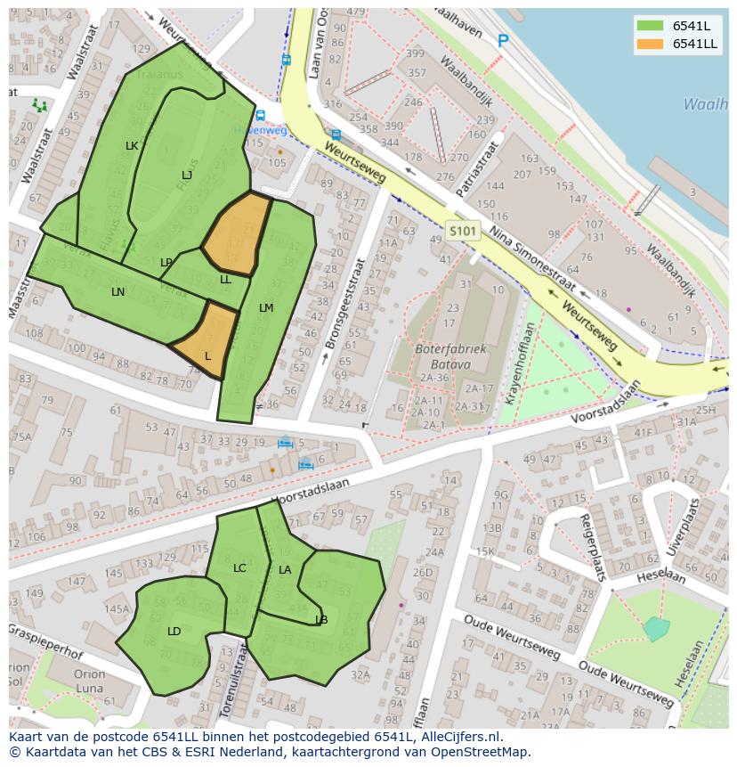 Afbeelding van het postcodegebied 6541 LL op de kaart.