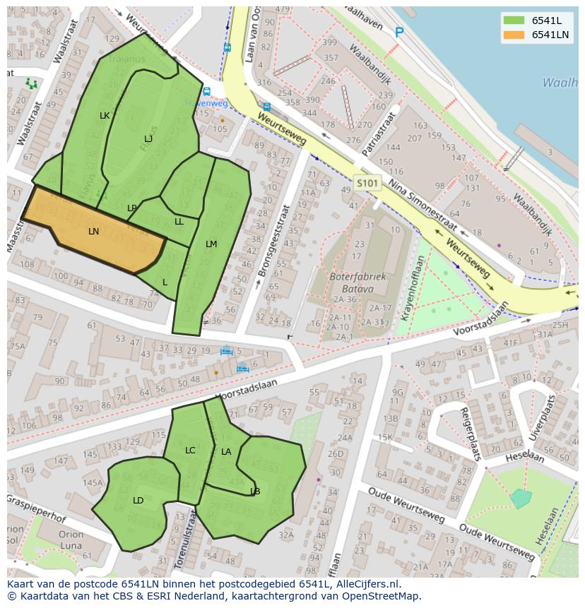 Afbeelding van het postcodegebied 6541 LN op de kaart.