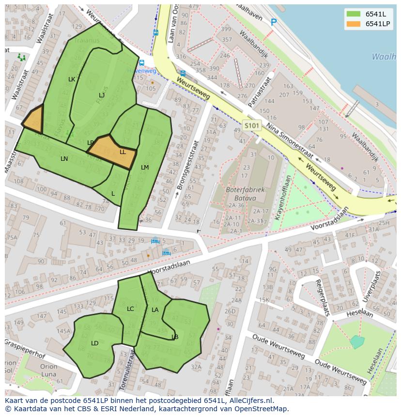 Afbeelding van het postcodegebied 6541 LP op de kaart.