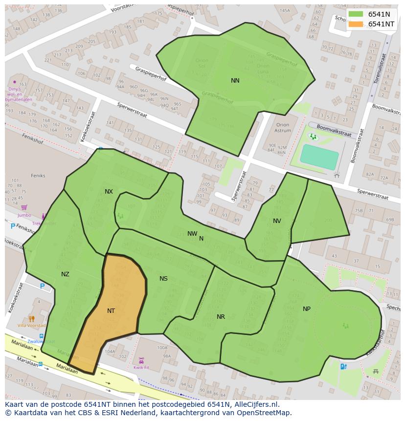 Afbeelding van het postcodegebied 6541 NT op de kaart.