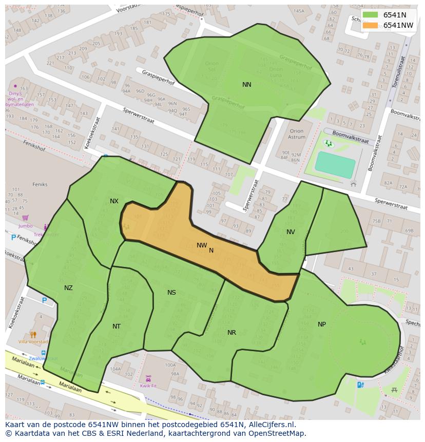 Afbeelding van het postcodegebied 6541 NW op de kaart.