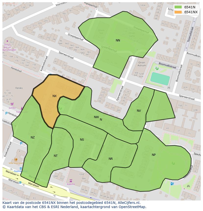 Afbeelding van het postcodegebied 6541 NX op de kaart.