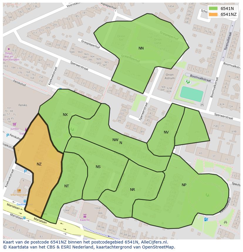 Afbeelding van het postcodegebied 6541 NZ op de kaart.