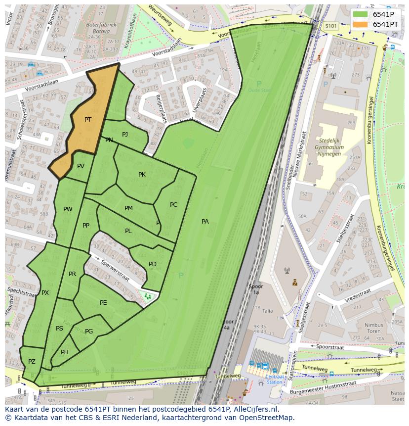 Afbeelding van het postcodegebied 6541 PT op de kaart.