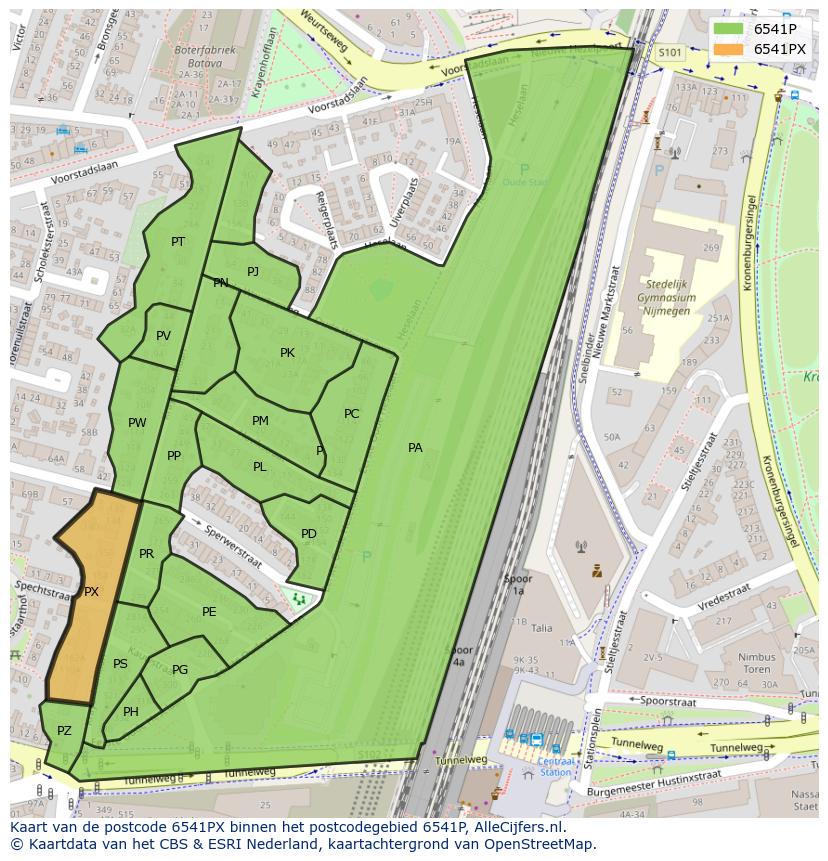 Afbeelding van het postcodegebied 6541 PX op de kaart.