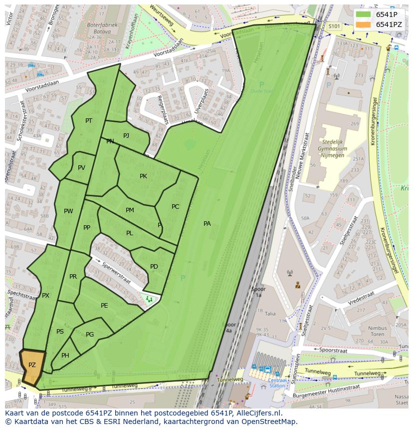 Afbeelding van het postcodegebied 6541 PZ op de kaart.