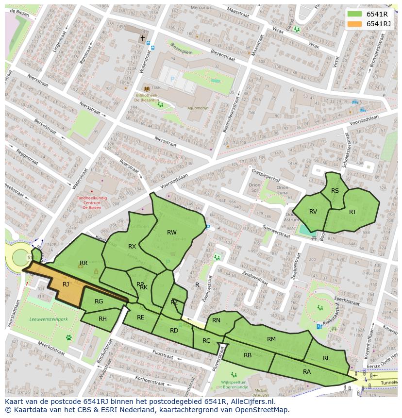 Afbeelding van het postcodegebied 6541 RJ op de kaart.