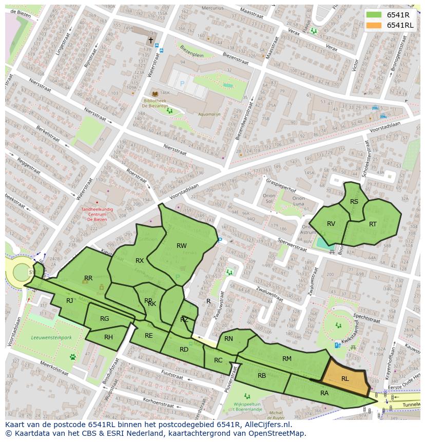 Afbeelding van het postcodegebied 6541 RL op de kaart.
