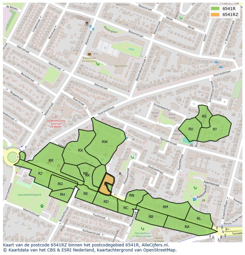 Afbeelding van het postcodegebied 6541 RZ op de kaart.