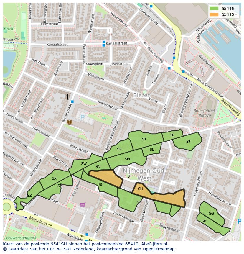 Afbeelding van het postcodegebied 6541 SH op de kaart.