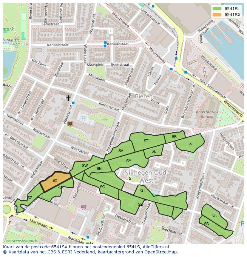 Afbeelding van het postcodegebied 6541 SX op de kaart.