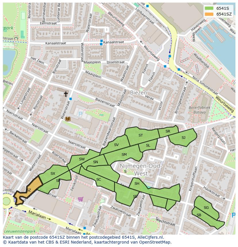 Afbeelding van het postcodegebied 6541 SZ op de kaart.