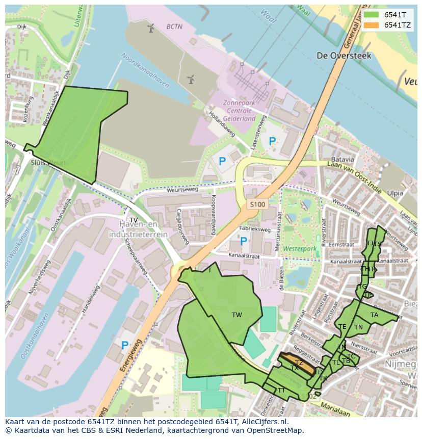 Afbeelding van het postcodegebied 6541 TZ op de kaart.