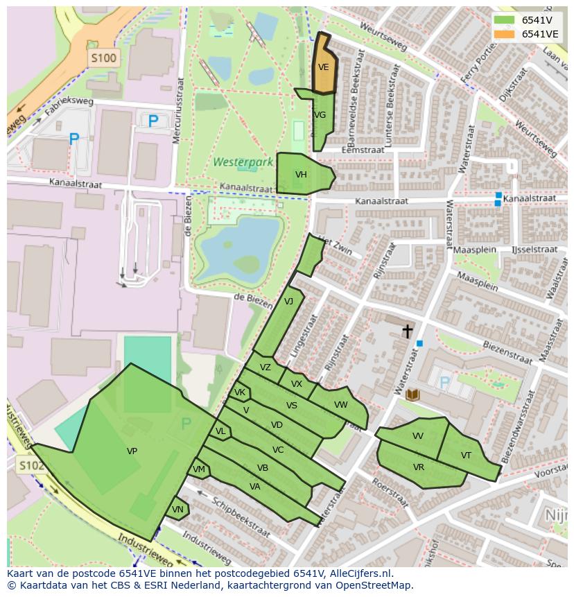 Afbeelding van het postcodegebied 6541 VE op de kaart.