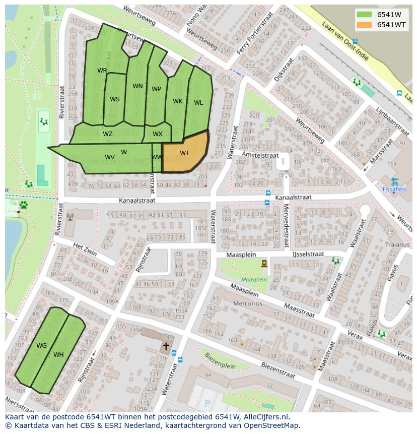 Afbeelding van het postcodegebied 6541 WT op de kaart.