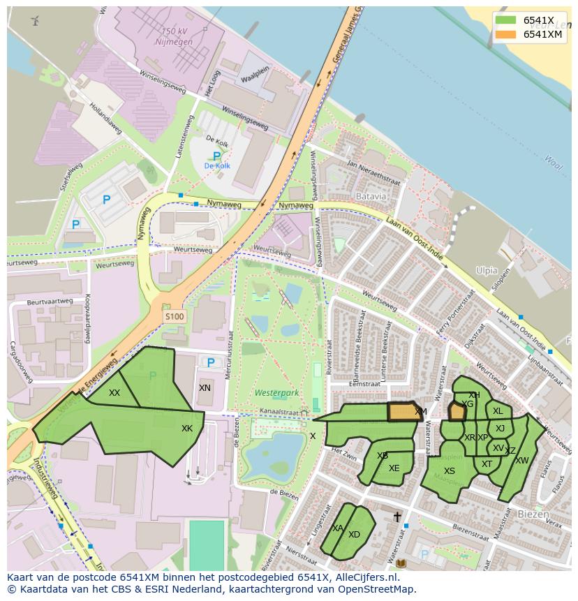 Afbeelding van het postcodegebied 6541 XM op de kaart.