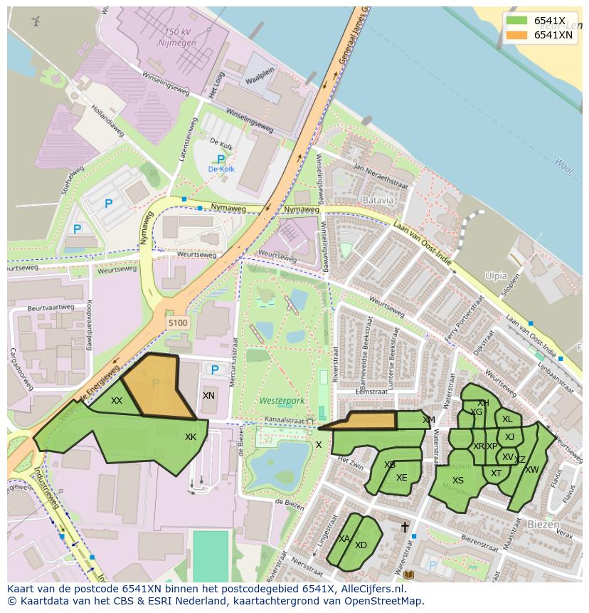 Afbeelding van het postcodegebied 6541 XN op de kaart.