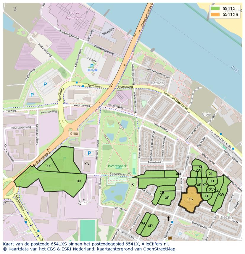 Afbeelding van het postcodegebied 6541 XS op de kaart.