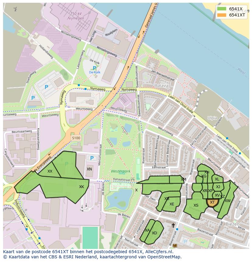 Afbeelding van het postcodegebied 6541 XT op de kaart.