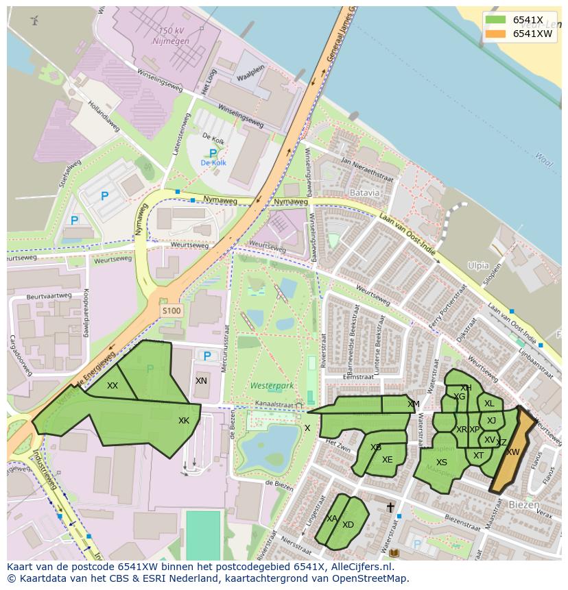 Afbeelding van het postcodegebied 6541 XW op de kaart.