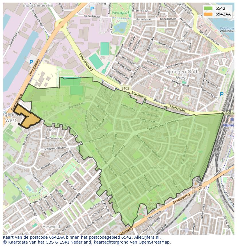 Afbeelding van het postcodegebied 6542 AA op de kaart.