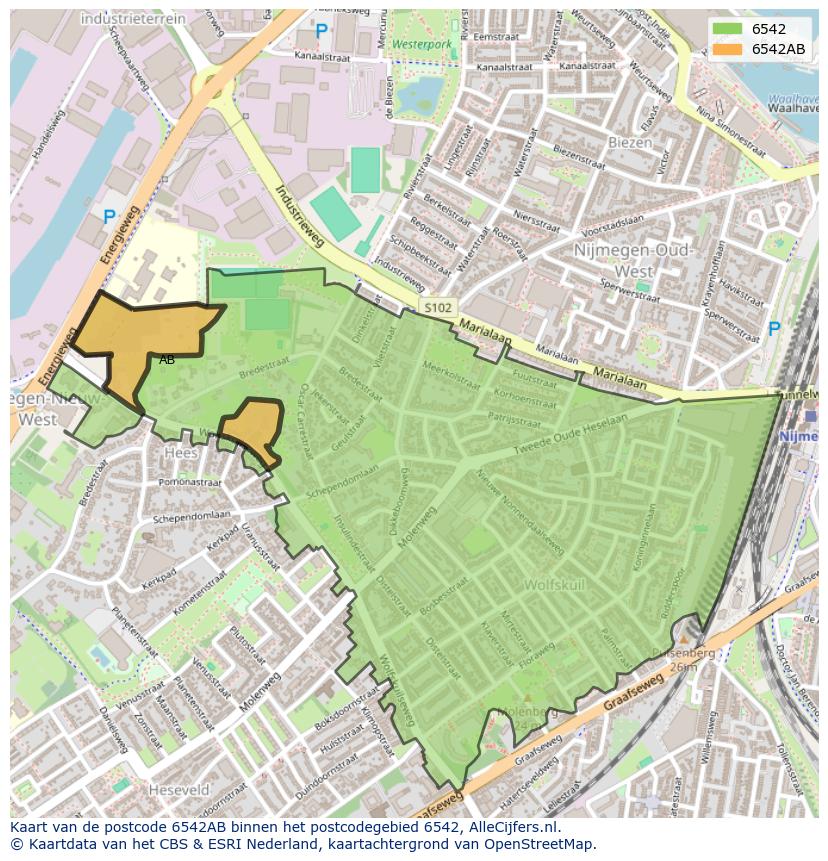 Afbeelding van het postcodegebied 6542 AB op de kaart.