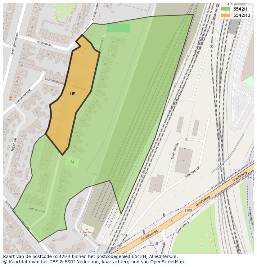 Afbeelding van het postcodegebied 6542 HB op de kaart.
