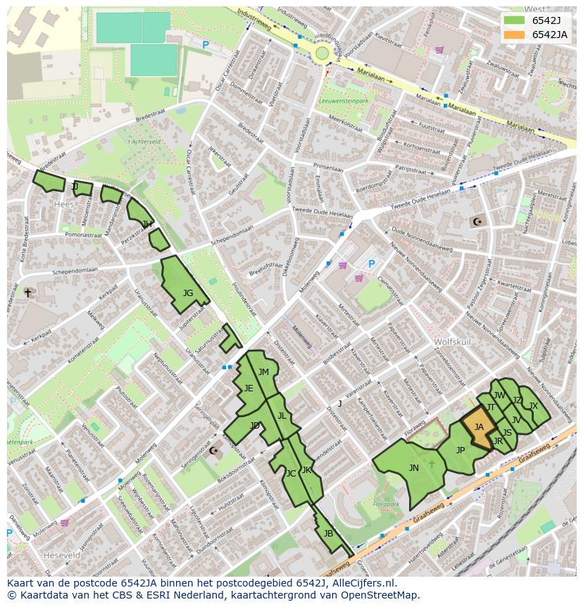 Afbeelding van het postcodegebied 6542 JA op de kaart.