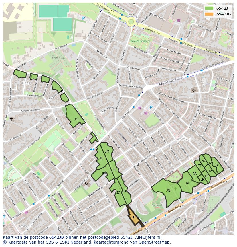 Afbeelding van het postcodegebied 6542 JB op de kaart.