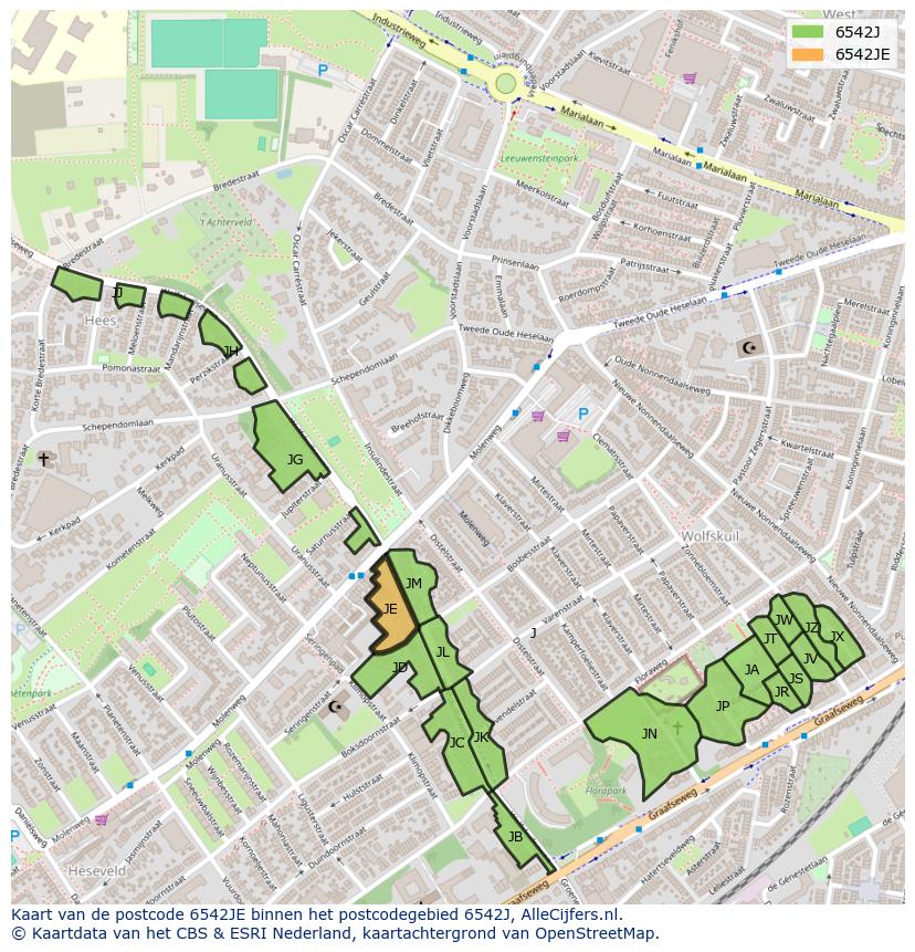 Afbeelding van het postcodegebied 6542 JE op de kaart.