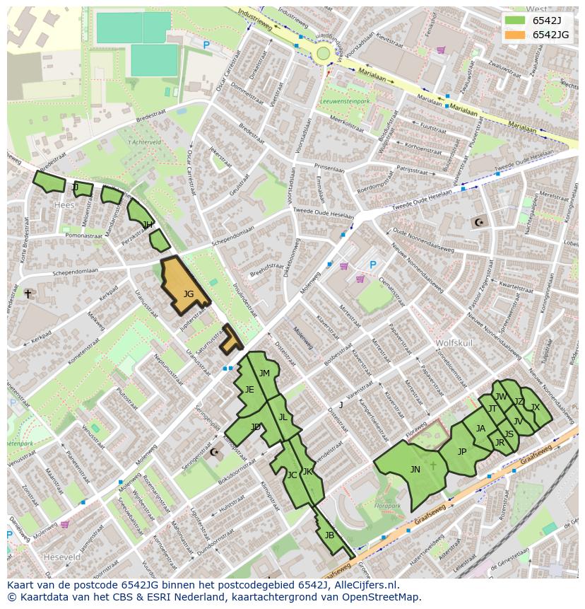 Afbeelding van het postcodegebied 6542 JG op de kaart.