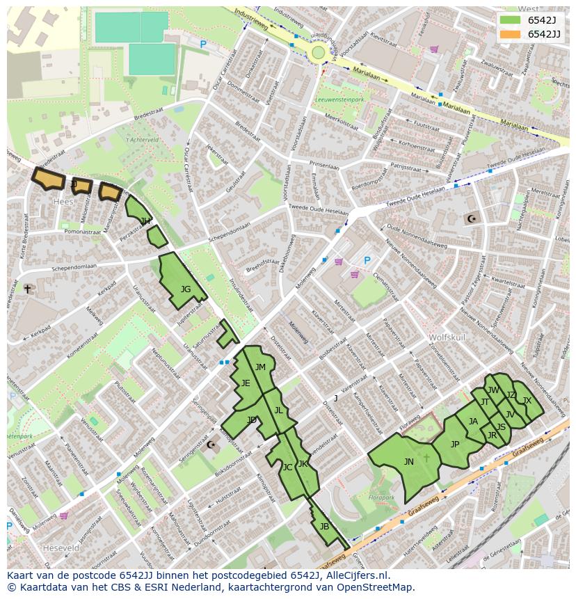 Afbeelding van het postcodegebied 6542 JJ op de kaart.