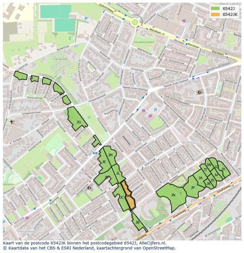 Afbeelding van het postcodegebied 6542 JK op de kaart.