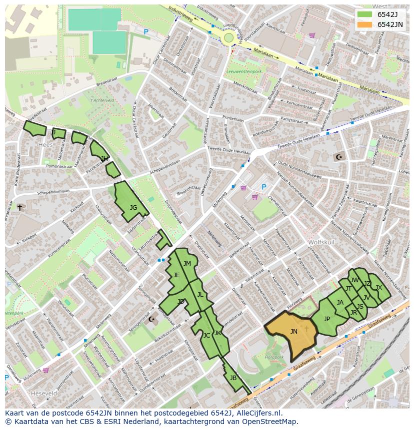 Afbeelding van het postcodegebied 6542 JN op de kaart.
