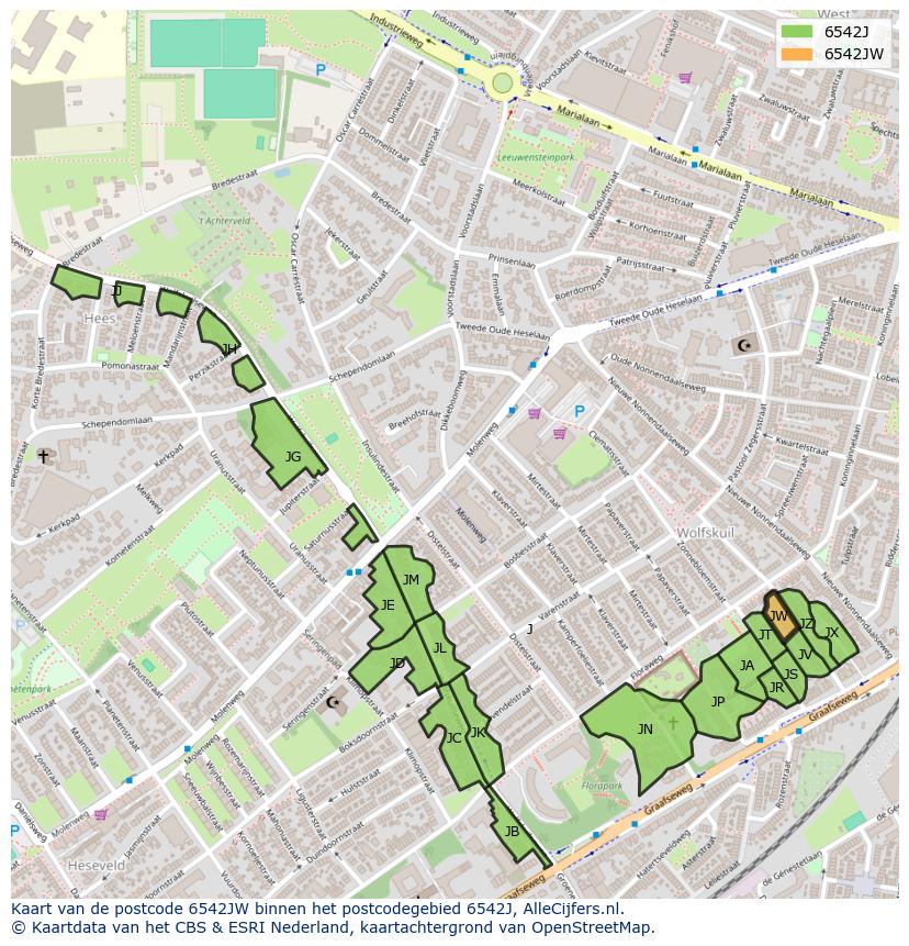 Afbeelding van het postcodegebied 6542 JW op de kaart.