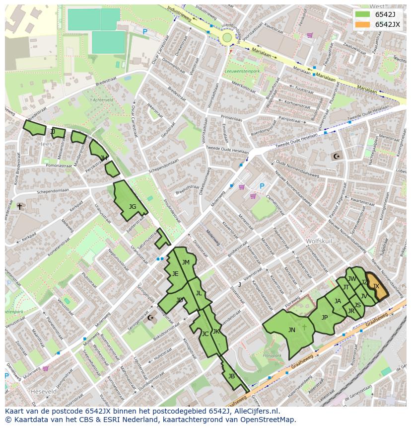 Afbeelding van het postcodegebied 6542 JX op de kaart.