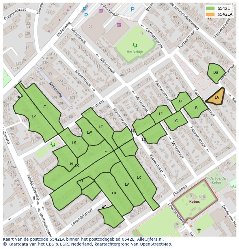 Afbeelding van het postcodegebied 6542 LA op de kaart.