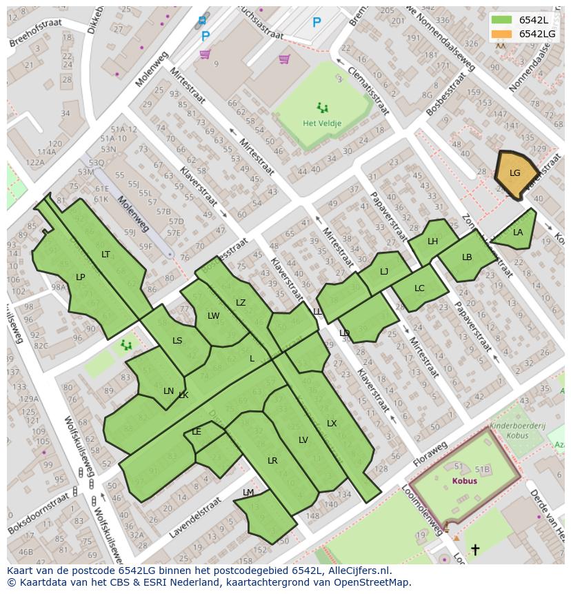 Afbeelding van het postcodegebied 6542 LG op de kaart.
