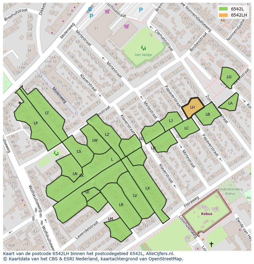 Afbeelding van het postcodegebied 6542 LH op de kaart.