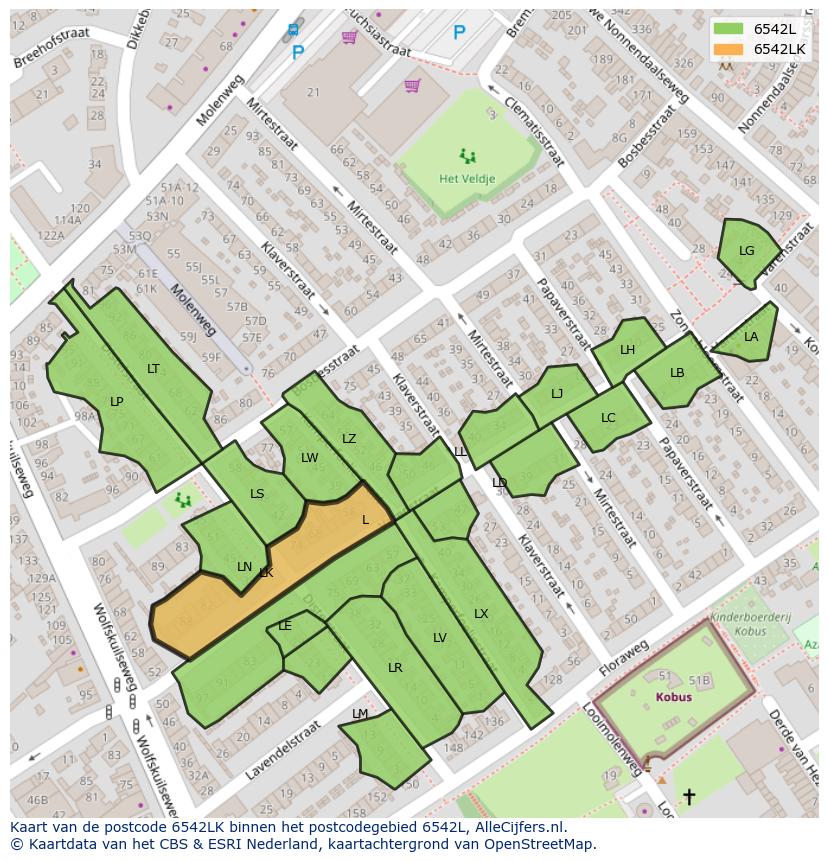 Afbeelding van het postcodegebied 6542 LK op de kaart.