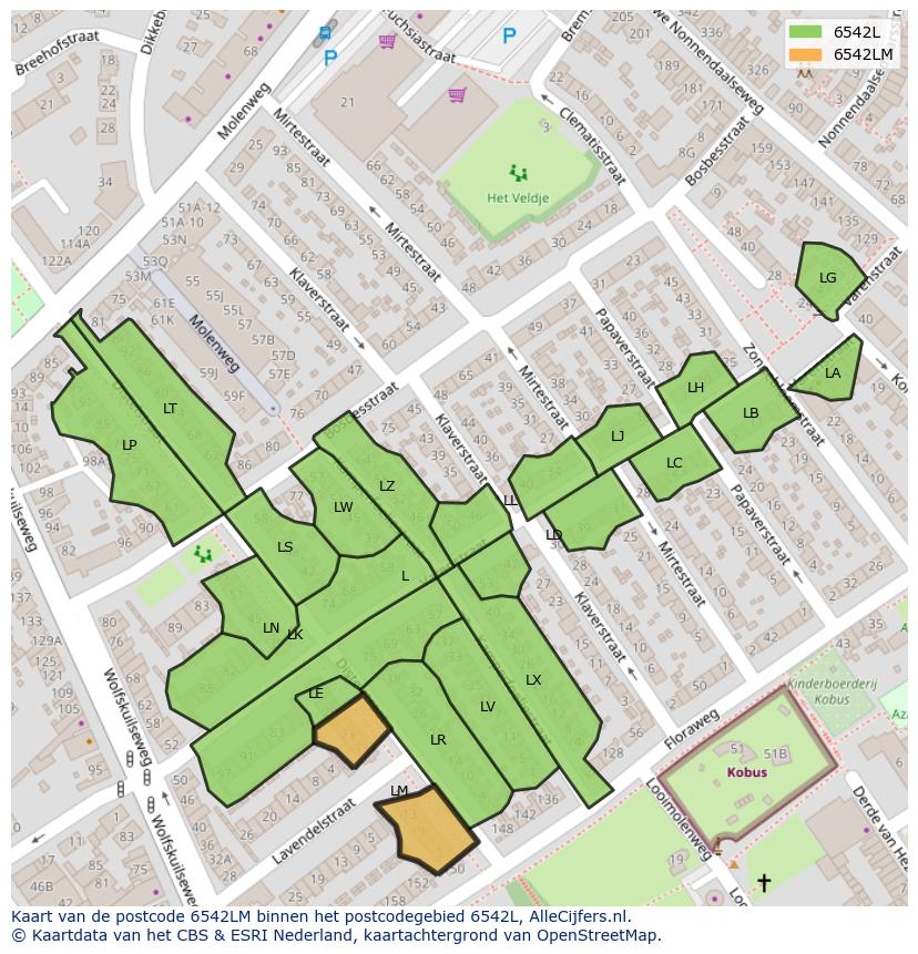 Afbeelding van het postcodegebied 6542 LM op de kaart.