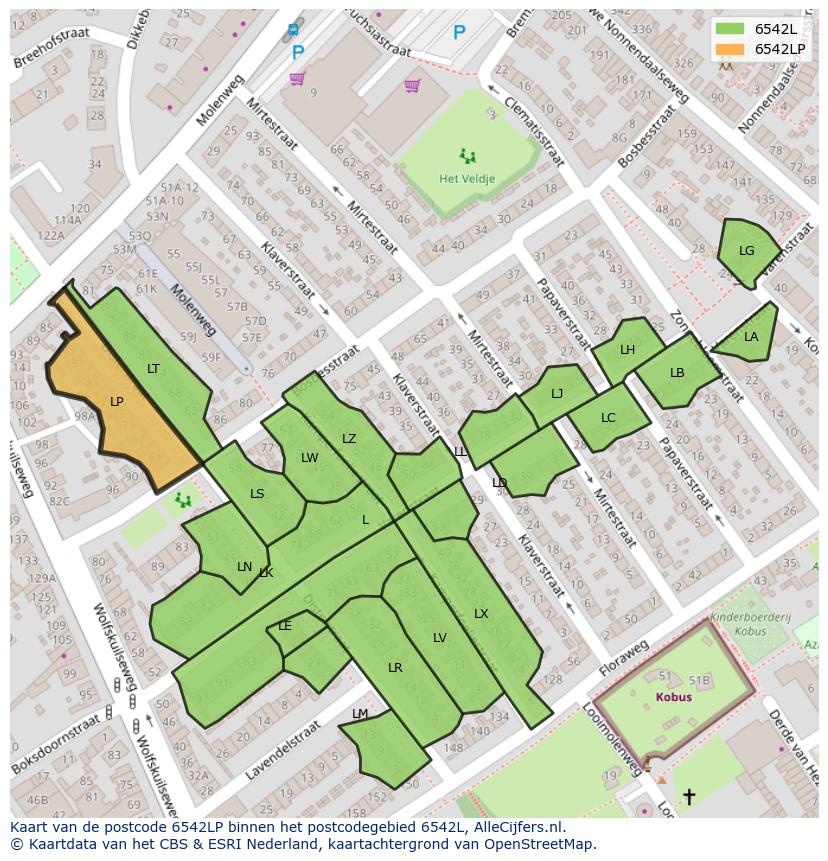 Afbeelding van het postcodegebied 6542 LP op de kaart.
