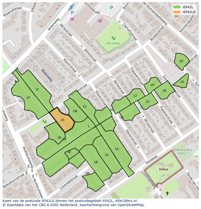 Afbeelding van het postcodegebied 6542 LS op de kaart.