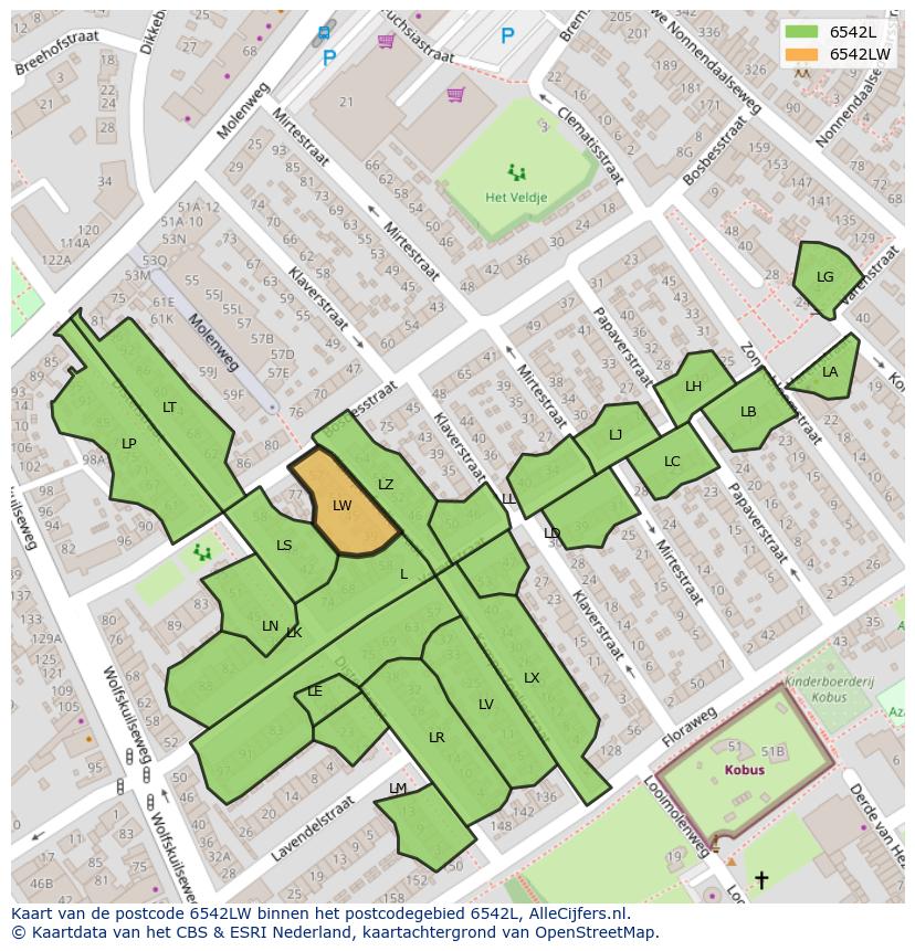 Afbeelding van het postcodegebied 6542 LW op de kaart.