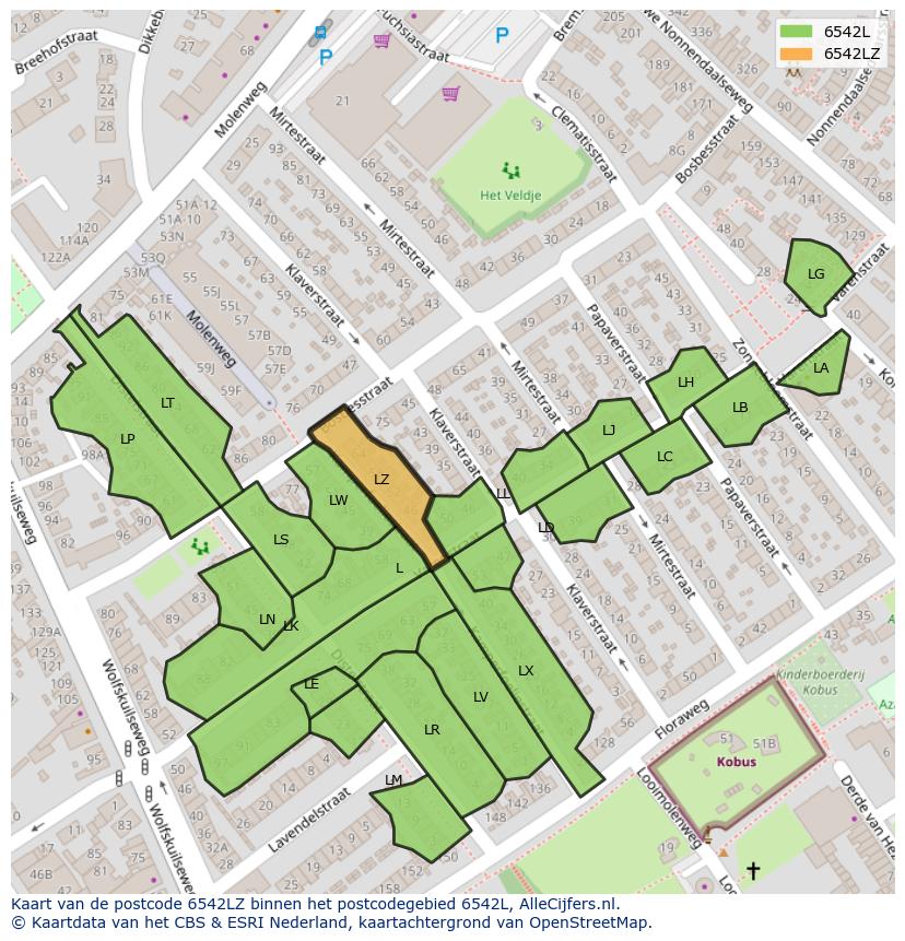 Afbeelding van het postcodegebied 6542 LZ op de kaart.