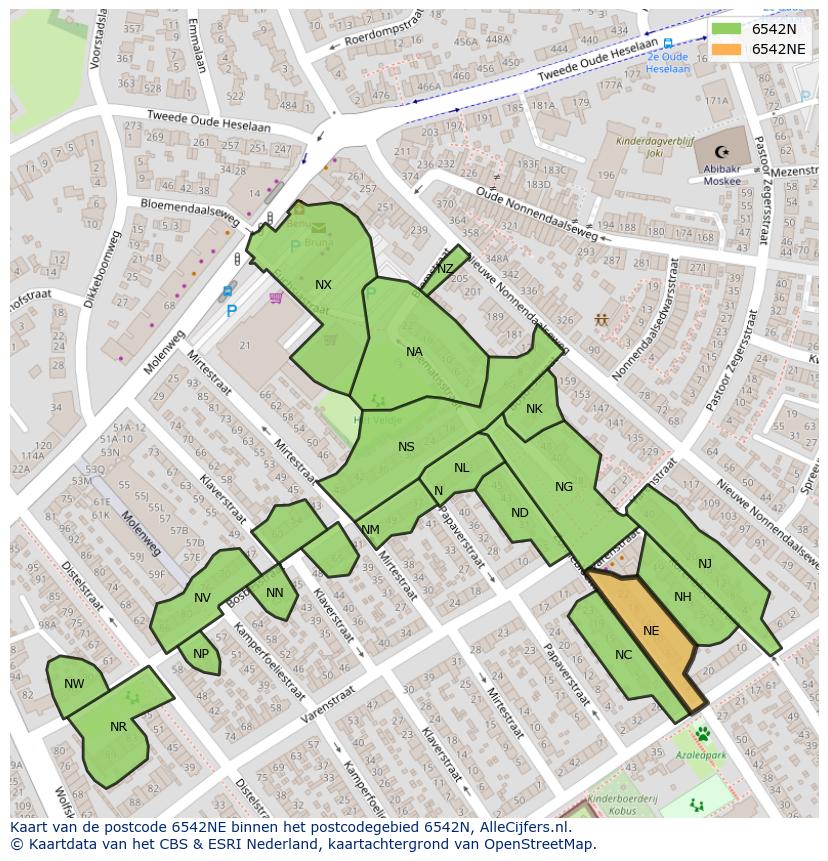 Afbeelding van het postcodegebied 6542 NE op de kaart.